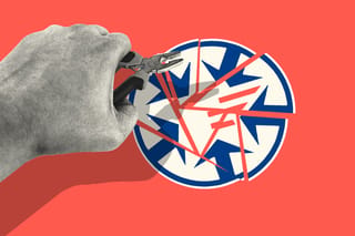 Photo collage. A hand holding pliers hovers ominously above the broken CIGIE logo against a vibrant red background.