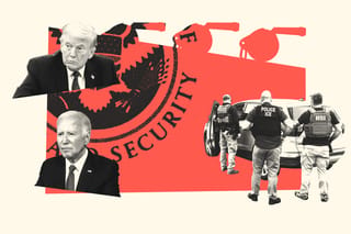 Collage of U.S. President Donald Trump and former U.S. President Joe Biden, the Department of Homeland Security logo, and federal agents wearing vests marked "POLICE ICE" and "HSI" approaching a vehicle.