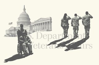 Photo collage. Three soldiers in uniform facing away from the viewer salute; nearby, a soldier pushes a veteran in a wheelchair. Their forms cast long shadows. In the background, the U.S. Department of Veterans Affairs logo and the U.S. Capitol building are visible.