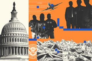 Collage of the Capitol building, money, obscured ICE agents and men in suits, an airplane, and the DHS logo.