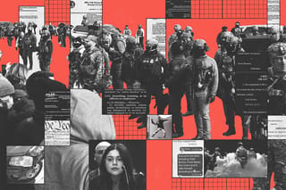 Collage of DHS agents, multiple court documents, the constitution, Marimar Martinez, a wrecked car, and a banner of a guy throwing a sandwich.