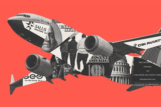 Collage of an airplane, the Salus Worldwide Solutions logo, CSI Aviation logo, GEO logo, ICE agents, money, court documents, and people lined up.