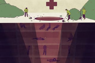An illustration in faded green, red, and purple. Above, it shows a group of people in a room with a medical cross visible on the wall. The people rake dollar bills into massive piles around a hole in the floor. Below, a few dollar bills fall down the hole, which illuminates suffering people in detention.