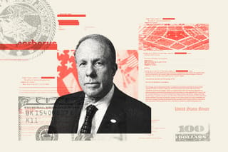 Collage of Department of Defense Deputy Secretary Steve Feinberg surrounded by the Department of Justice logo, the Pentagon building, the Cerberus logo, and clippings of Epstein file documents.