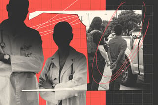 Collage of a photo of a person being detained by ICE, obscured doctors, and scribbles.