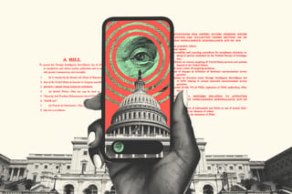 Collage of a hand holding a phone outside of the Capitol building. The phone contains images of the Capitol dome, an eye, and concentric circles around the eye.
