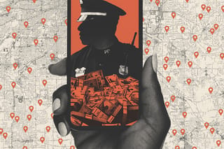 Collage of a city map with multiple location markers in the background and a hand holding a phone in the foreground. The phone displays a police officer and stacks of money.