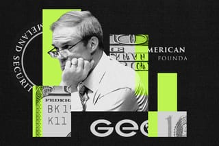 Photo collage. Center, Representative Jim Jordan (R-OH) looks to the side on a dark background. Fragments of dollar bills and logos for the Department of Homeland Security, the American Liberty Foundation, and GEO Group surround Jordan.