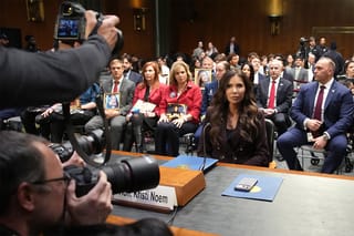 U.S. Secretary of Homeland Security Kristi Noem prepares to testify before the Senate Judiciary Committee in the Dirksen Senate Office Building.