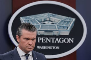U.S. Secretary of War Pete Hegseth looks on during a press briefing at the Pentagon on March 19, 2026 in Arlington, Virginia.