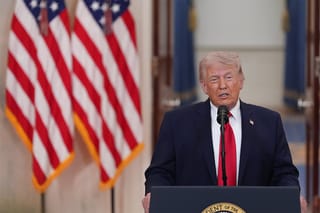 President Donald Trump speaks from the Cross Hall of the White House.