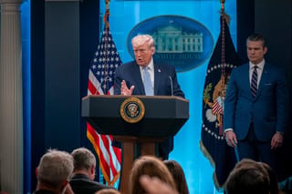 U.S. President Donald Trump speaks to reporters at a briefing on Monday, April 6, 2026 at the White House in Washington, D.C.