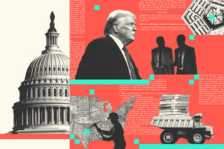 Collage of the Capitol building, U.S. President Donald Trump, obscured men wearing suits, the Pentagon, the U.S. map, a miner, and a mining truck carrying money.