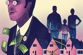 Illustration of a man wearing a suit with a JLL logo lapel pin and money sticking out of his pockets. In the background, a military family holds hands and looks down on houses in various states of mold and decay.