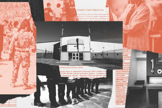 Collage of detention facilities, federal agents, detainees, and clippings of inspection reports.