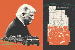 Collage of U.S. President Donald Trump, military vehicles, the Minneapolis map, and a crowd of people.