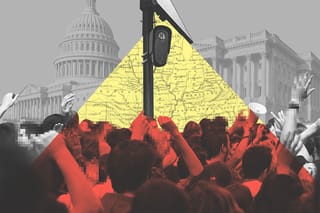 Collage of a crowd protesting, a Flock camera, a clipping of the U.S. map, and the Capitol building.