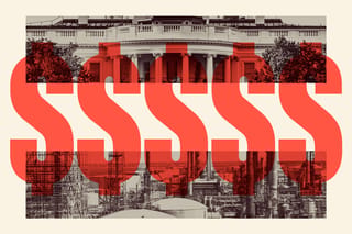 Collage of two photos of the White House building and a Venezuelan petrochemical plant in muted tones of beige and dark brown. Five massive dollar signs in a vibrant red cover the photos.