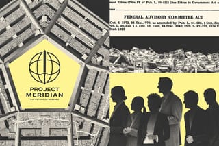 Collage of the Pentagon with the Project Meridian logo in the middle, a committee of federal employees, money, and a clipping of the Federal Advisory Committee Act (FACA).