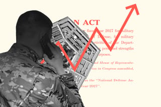 Photo collage of a soldier in fatigues holding a phone. Behind him, the Pentagon building, a clipping from the NDAA, and a red climbing stock line are visible.