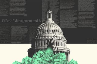 Photo collage. Money spills out of a crack in the side of the U.S. Capitol dome. Shadowy Office and Management and Budget documents occupy the background.