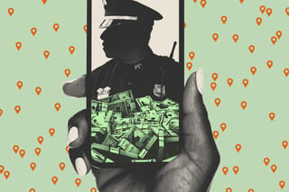 Collage of multiple location markers in the background and a hand holding a phone in the foreground. The phone displays a police officer and stacks of money.