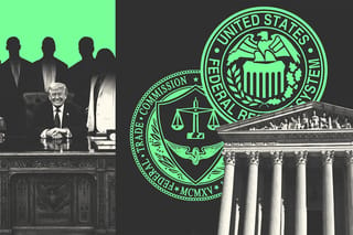 Collage of U.S President Donald Trump, obscured people, the Supreme Court building, the Federal Trade Commission logo, and the Federal Reserve logo.