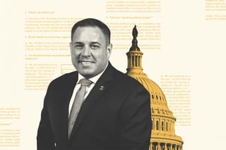 Collage of Inspector General of the Department of Labor Anthony D’Esposito, the Capitol building, and clippings of the Hatch Act.