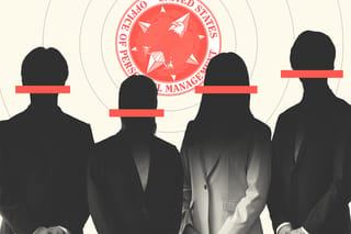 Collage of obscured employees with their mouths covered and the OPM seal.