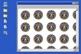 Collage of a retro computer desktop with a computer icon, folders, a cursor on a transparent folder, and a window opened with many DOT&E logos.