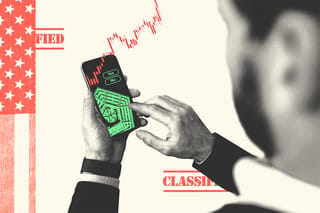 Collage of the U.S. flag, a classified stamp, and a man holding a phone. The phone contains images of stock trend lines and the Pentagon.
