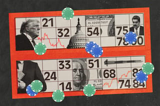 Collage of a bingo card containing images of U.S. President Donald Trump, Venezuela's President Nicolas Maduro, the Capitol, money, a missile, a person hiding money, stock trend lines, and gambling chips.