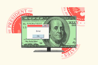 Alt text: Collage of the President's seal and a monitor containing images of money and an error message.