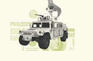 Collage of a military vehicle, a wrench, a clipping of the FY26 NDAA, and money.