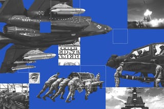 Collage of f-35 fighter jet, money, airmen pushing a missile, a hellfire missile going to an Apache helicopter, a THAAD interceptor being launched, a ship firing a missile, and missiles being assembled.