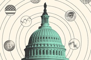 Collage of the Capitol building and circles around it. The circles contain images of stock trend lines, cryptocurrency, money and the U.S. flag.