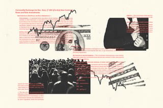 Collage of money, stock trend lines, a crowd, a person hiding money, and clippings of a document.