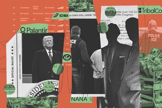 Collage of U.S. President Donald Trump, a ballot, money, an ICE agent with a handcuffed man, obscured men wearing suits, and ICE contractor logos.