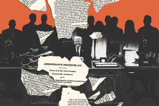 Collage of U.S, President Donald Trump surround by obscured figures and clippings of the Administrative Procedure Act.
