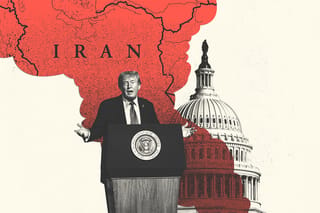 Collage of U.S. President Donald Trump, the Capitol building, and a map of Iran.