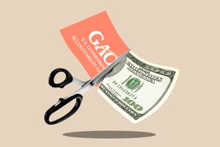 Photo collage of a pair of scissors cutting a piece of paper down the middle. The GAO logo makes up one half of the paper; a hundred dollar bill the other.