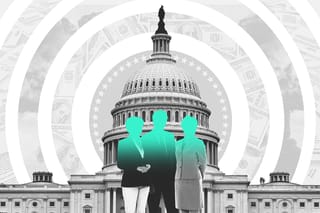 Collage of the Capitol building, a group of people, and concentric circles. The circles contain images of the presidential seal, money, an explosion, and documents.