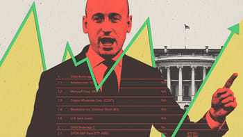 Collage of White House Deputy Chief of Staff for Policy Stephen Miller raising a finger, a stock line around his shoulders, and the White House.