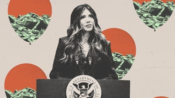 Collage of Department of Homeland Security (DHS) Secretary Kristi Noem standing at a podium with the DHS logo. Behind her, balloons filled with money float away.