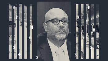 A photo collage with a screenshot of Daniel A. Bible in the center. To the left and right, in the shape of vertical bars, are the Eloy Detention Center and an ICE officer on a filled bus to a detention center, surrounded by dollar signs and upward arrows.