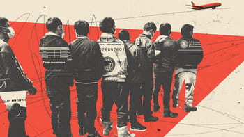 Collage of immigrants with handcuffs and shackles waiting to be deported. Clippings of money and documents with the CSI logo layer on top of their silhouettes. In the distance, an airplane takes off.