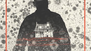 Collage of an obscured soldier and a broken home surrounded by mold spores.
