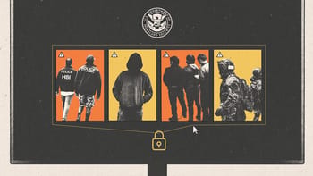 Collage of dark computer monitor with images on the screen of DHS, CBP, and ICE agents and men with their ankles shackled. A digital lock and chain with the DHS logo above it contains the images.