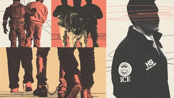 Collage of a guard pushing a man in cuffs, silhouettes of guards wearing gear labelled with "Akima", a close-up of legs with ankle shackles, and an ICE agent.