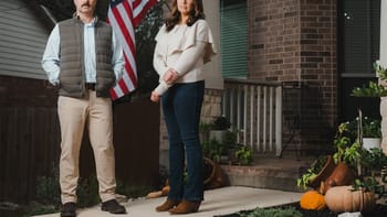 Sarah Kline and Army Captain Jon Kline standing in front of their home in San Antonio, Texas.